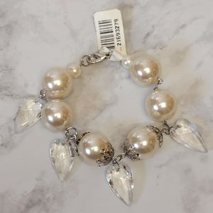 Bon Ton Faux Pearl Bracelet White Clear Silver Tone Beaded Chunky Funky‎ Retro
